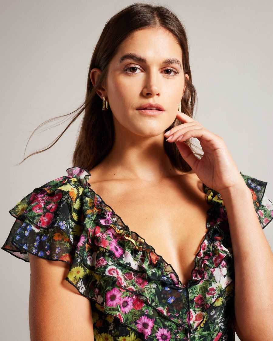 Ted Baker Adiie Floral Waterfall Ruffle Maxi Dress Black | 80423-IATG