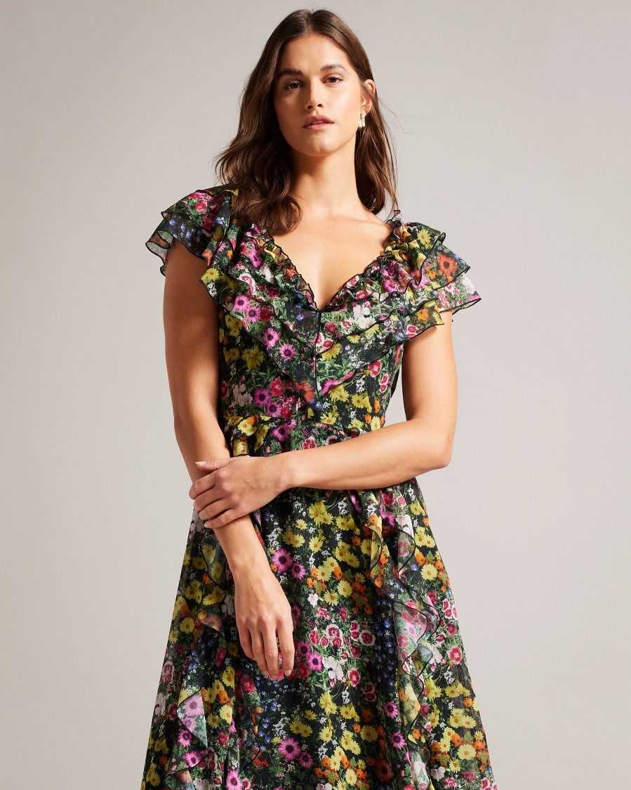 Ted Baker Adiie Floral Waterfall Ruffle Maxi Dress Black | 80423-IATG