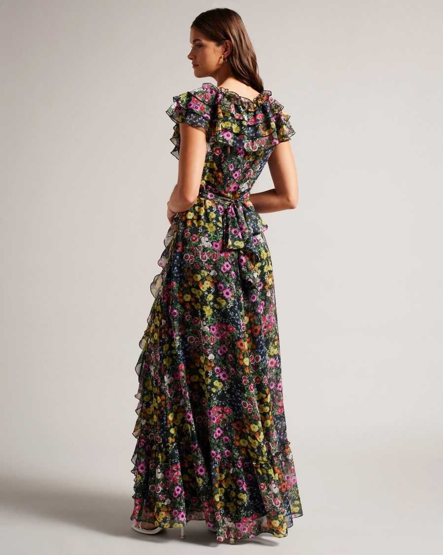 Ted Baker Adiie Floral Waterfall Ruffle Maxi Dress Black | 80423-IATG