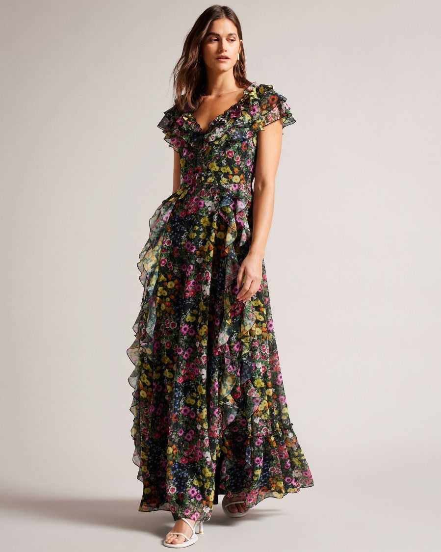 Ted Baker Adiie Floral Waterfall Ruffle Maxi Dress Black | 80423-IATG