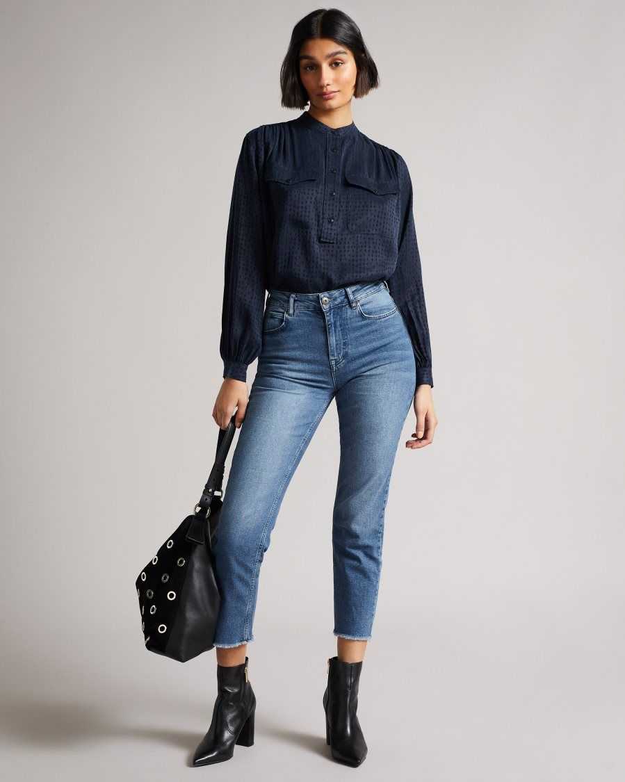 Ted Baker Agnez Grandad Collar Cupro Blouse Dark Blue | 49538-YPAZ