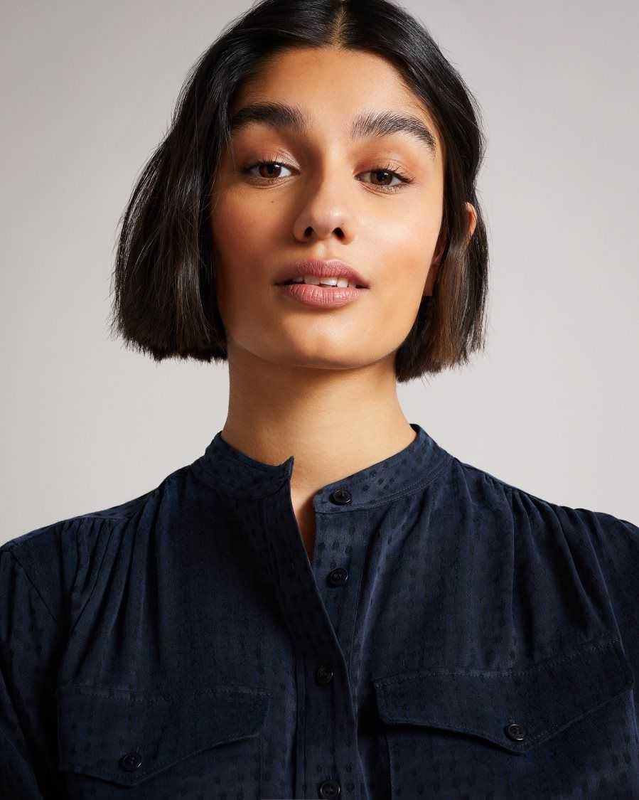 Ted Baker Agnez Grandad Collar Cupro Blouse Dark Blue | 49538-YPAZ