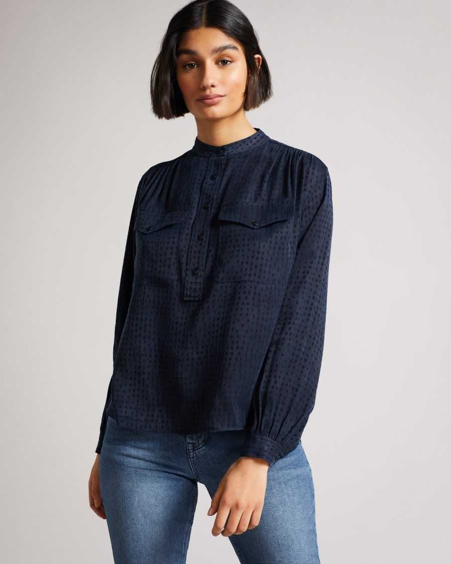 Ted Baker Agnez Grandad Collar Cupro Blouse Dark Blue | 49538-YPAZ