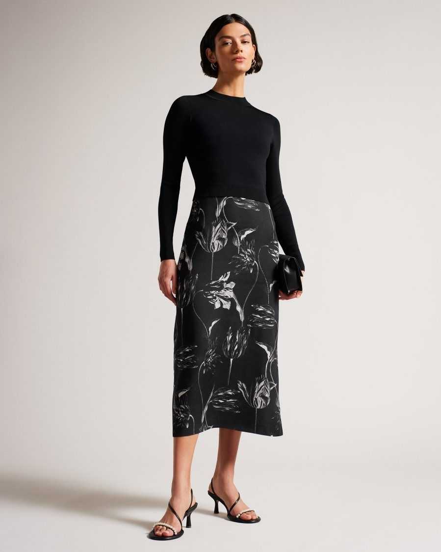 Ted Baker Alettaa Knit Bodice Slip Skirt Dress Black | 80154-RFPA