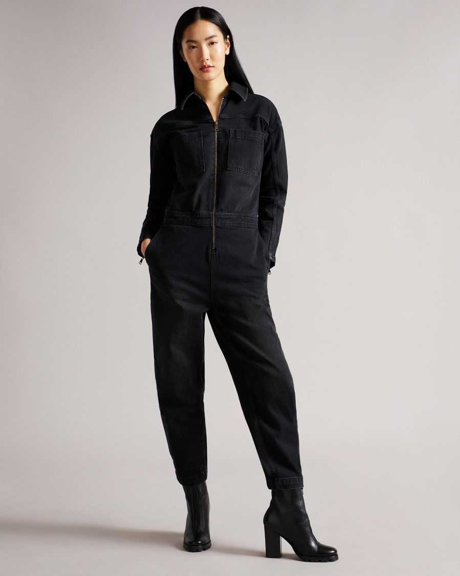 Ted Baker Aleyah Denim Zip Front Jumpsuit Black | 82965-WAKP