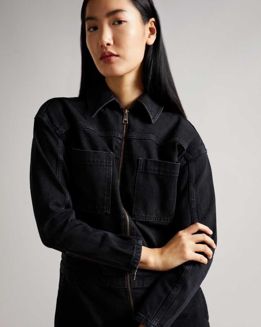 Ted Baker Aleyah Denim Zip Front Jumpsuit Black | 82965-WAKP