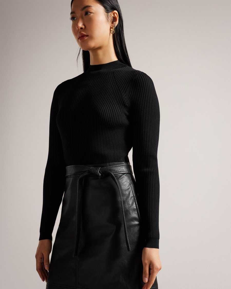 Ted Baker Alltaa Knitted Bodice Dress With Pleather Skirt Black | 32641-POQD