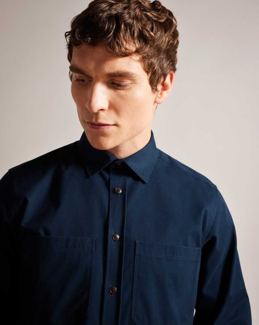 Ted Baker Almur Long Sleeve Brushed Twill Overshirt Navy | 87534-XUEJ