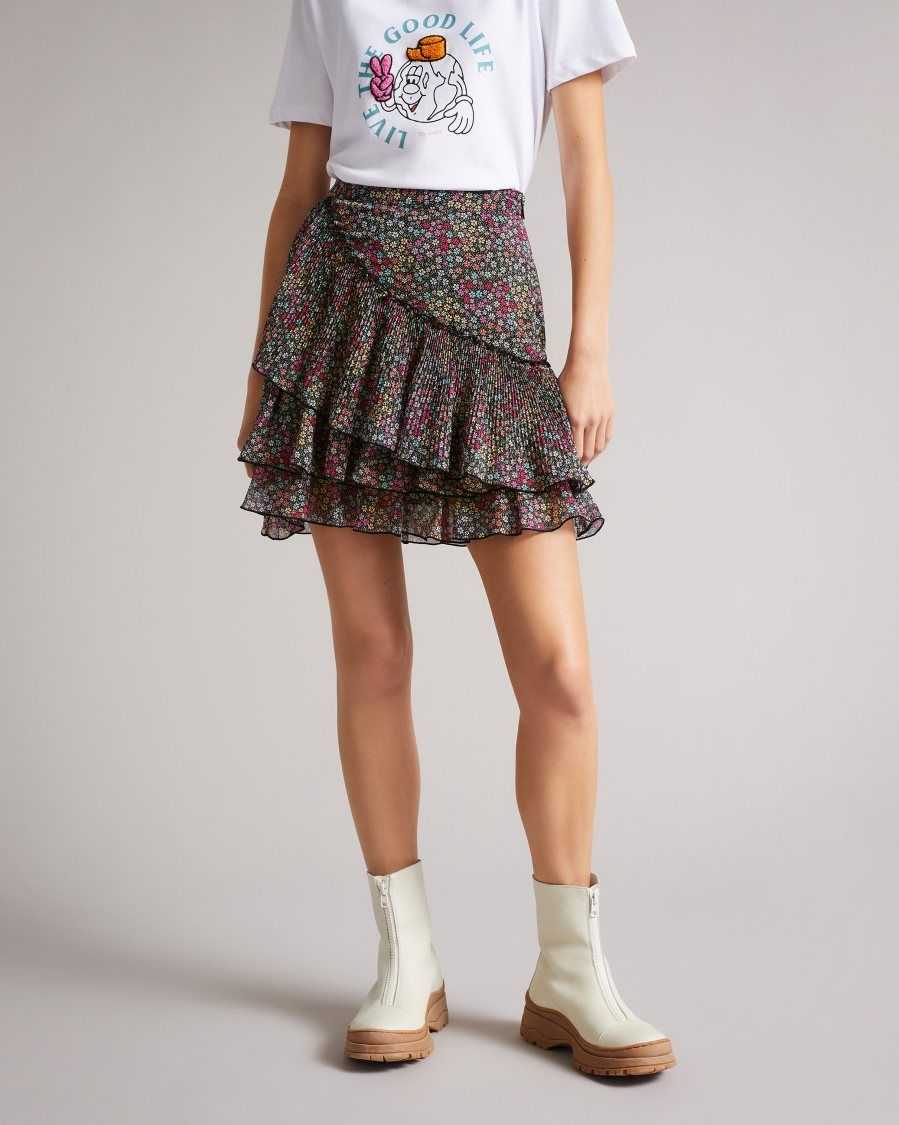 Ted Baker Aneka Tiered floral mini skirt Black | 71620-SYXN