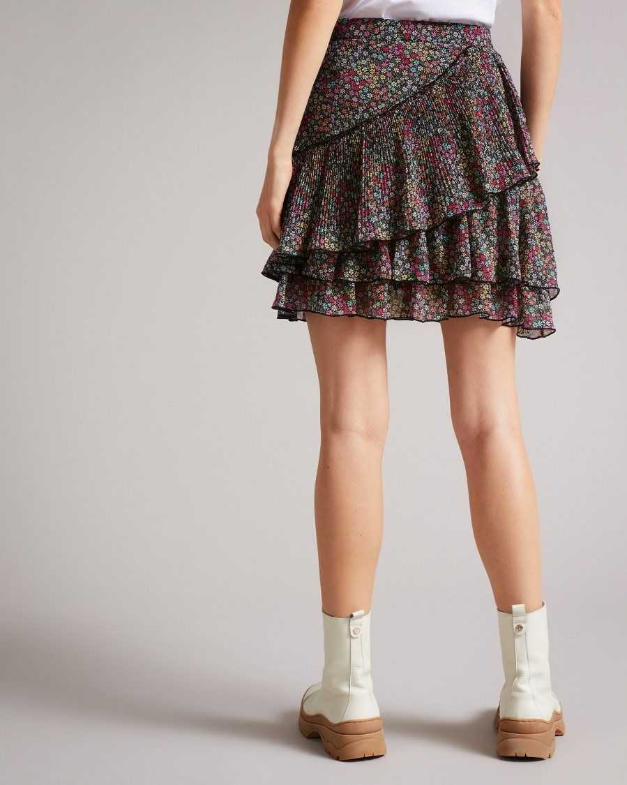 Ted Baker Aneka Tiered floral mini skirt Black | 71620-SYXN