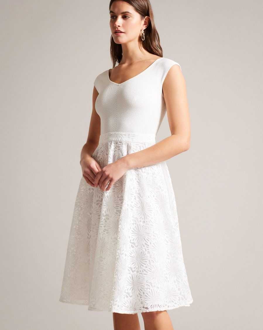 Ted Baker Annikaa Floral Knit Bodice Midi Dress White | 49725-STBV