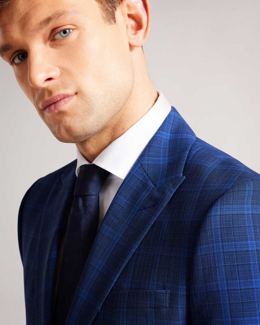 Ted Baker Apolloj Wool And Silk Check Suit Jacket Dark Blue | 04356-AHLD