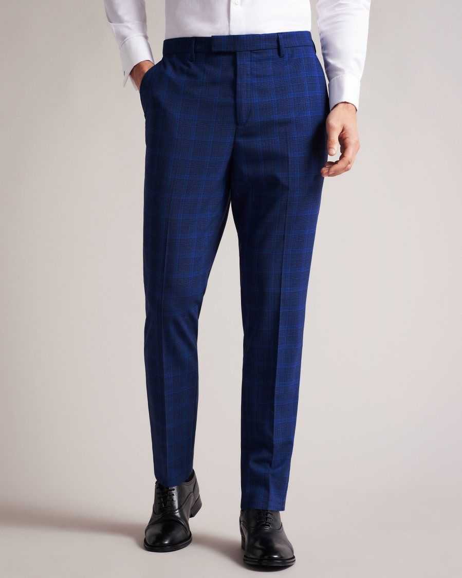 Ted Baker Apollot Slim Fit Wool And Silk Check Trousers Dark Blue | 76581-LOFQ