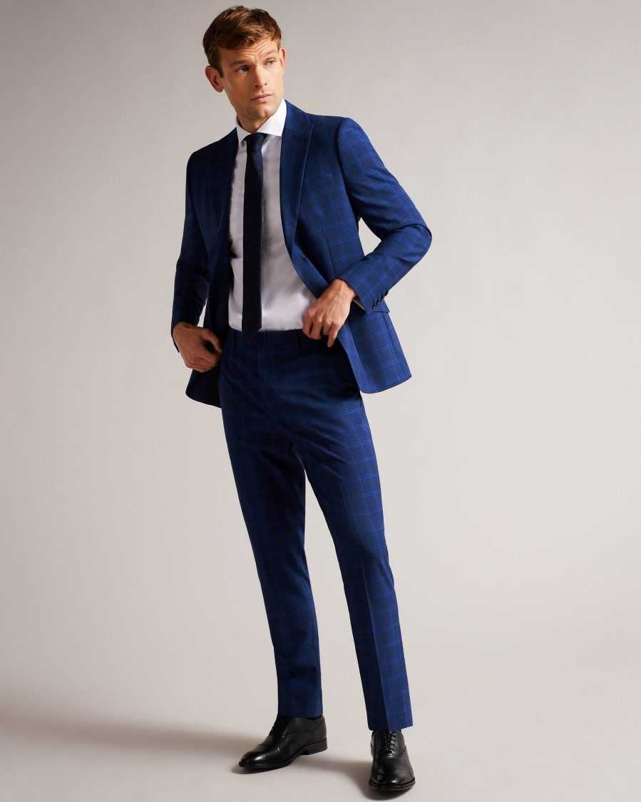 Ted Baker Apollot Slim Fit Wool And Silk Check Trousers Dark Blue | 76581-LOFQ