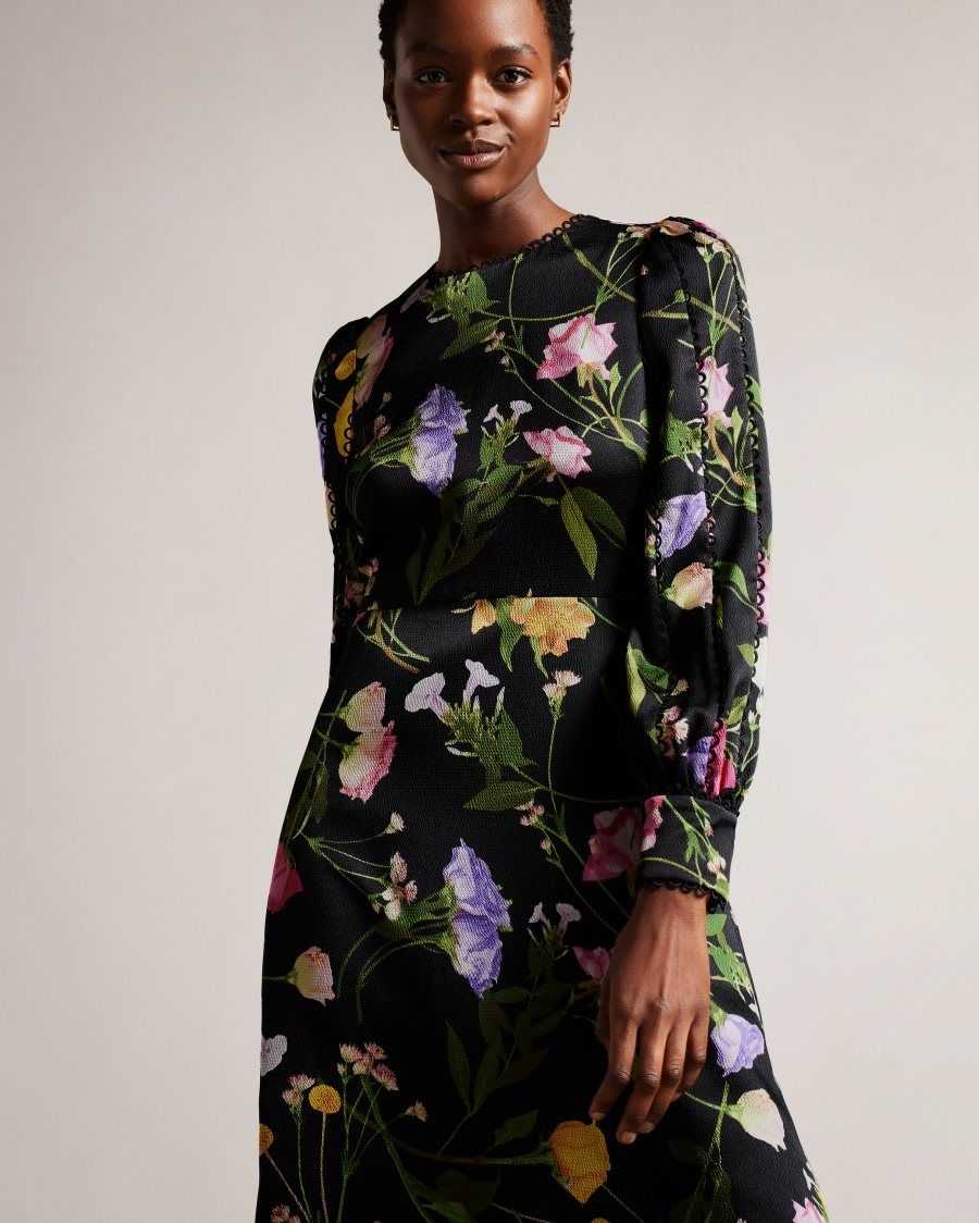 Ted Baker Arianya Blouson Sleeve Floral Midi Dress Black | 97621-BNXU