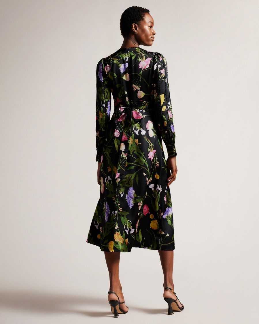 Ted Baker Arianya Blouson Sleeve Floral Midi Dress Black | 97621-BNXU