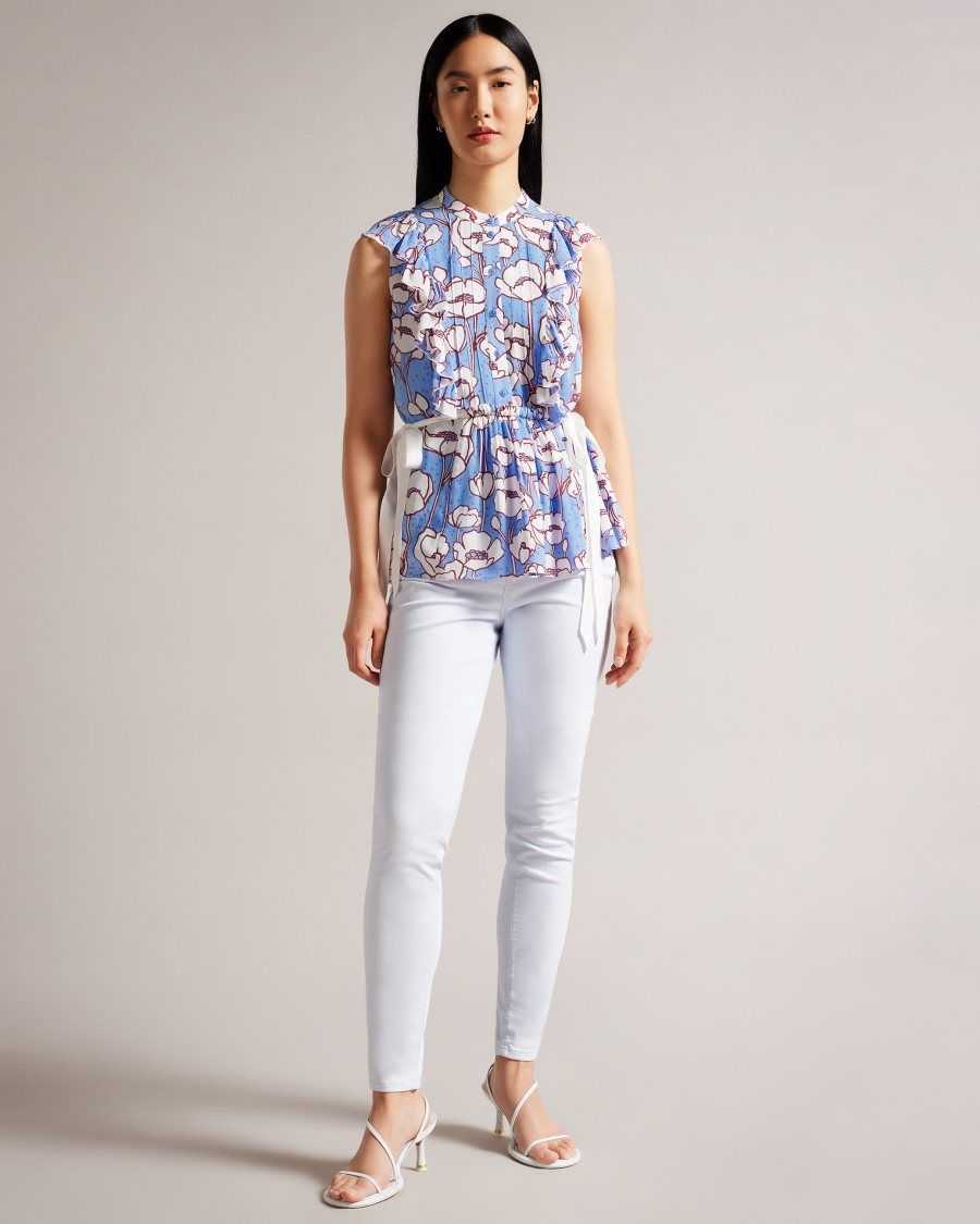 Ted Baker Audriar Poppy Peplum Top With Contrast Ties Blue | 52184-PMIN