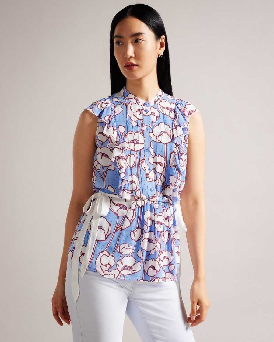 Ted Baker Audriar Poppy Peplum Top With Contrast Ties Blue | 52184-PMIN