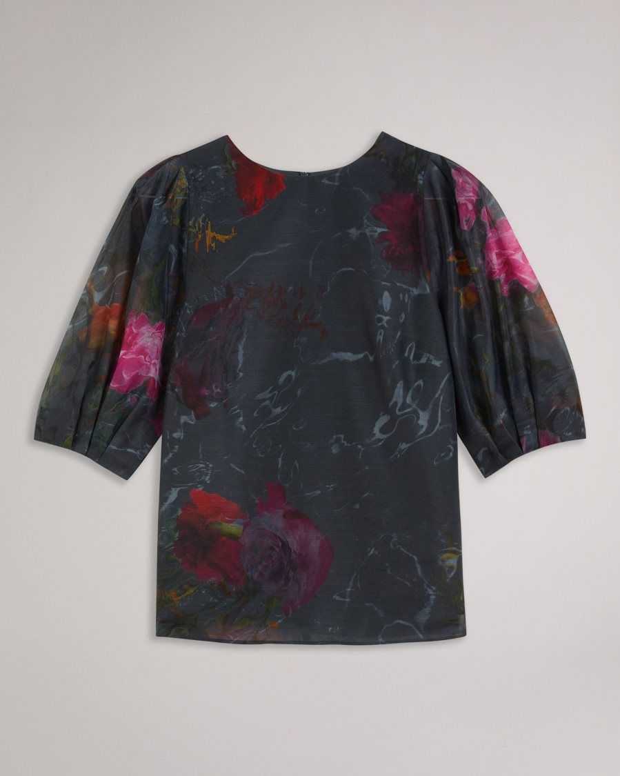 Ted Baker Ayymee Boxy Cropped Top with Puff Sleeve Black | 50196-QEAP