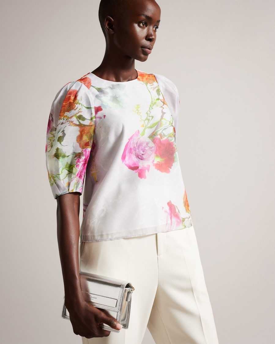 Ted Baker Ayymee Boxy Cropped Top with Puff Sleeve White | 10927-MJZQ