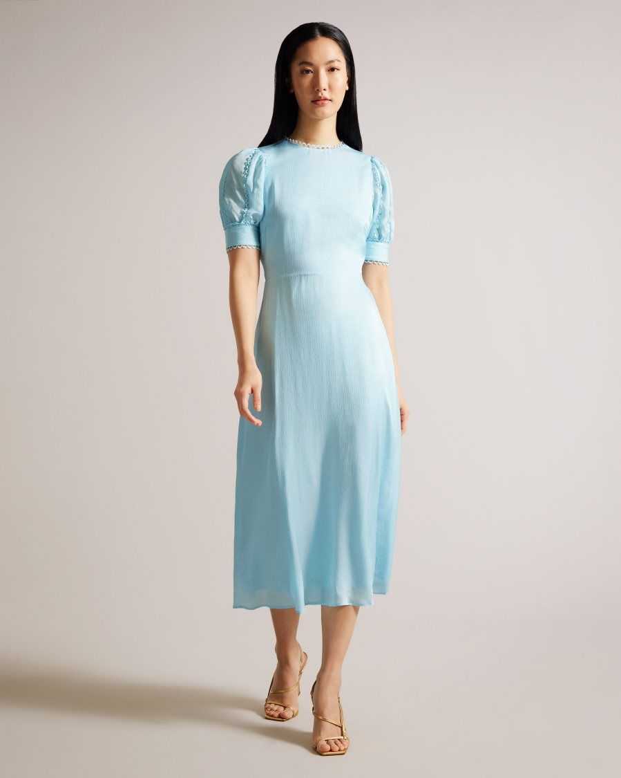 Ted Baker Azilea Puff Sleeve Midi Tea Dress Sky Blue | 51896-OSKL