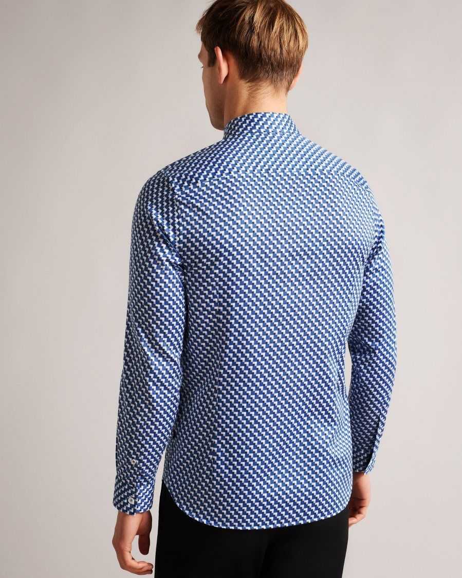 Ted Baker Barder Long Sleeve Cotton Stretch Geometric Shirt Dark Blue | 78196-SWUO