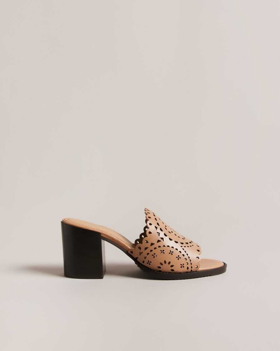 Ted Baker Beebah Laser Cut Block Heel Sandal Light Brown | 38950-HCZS