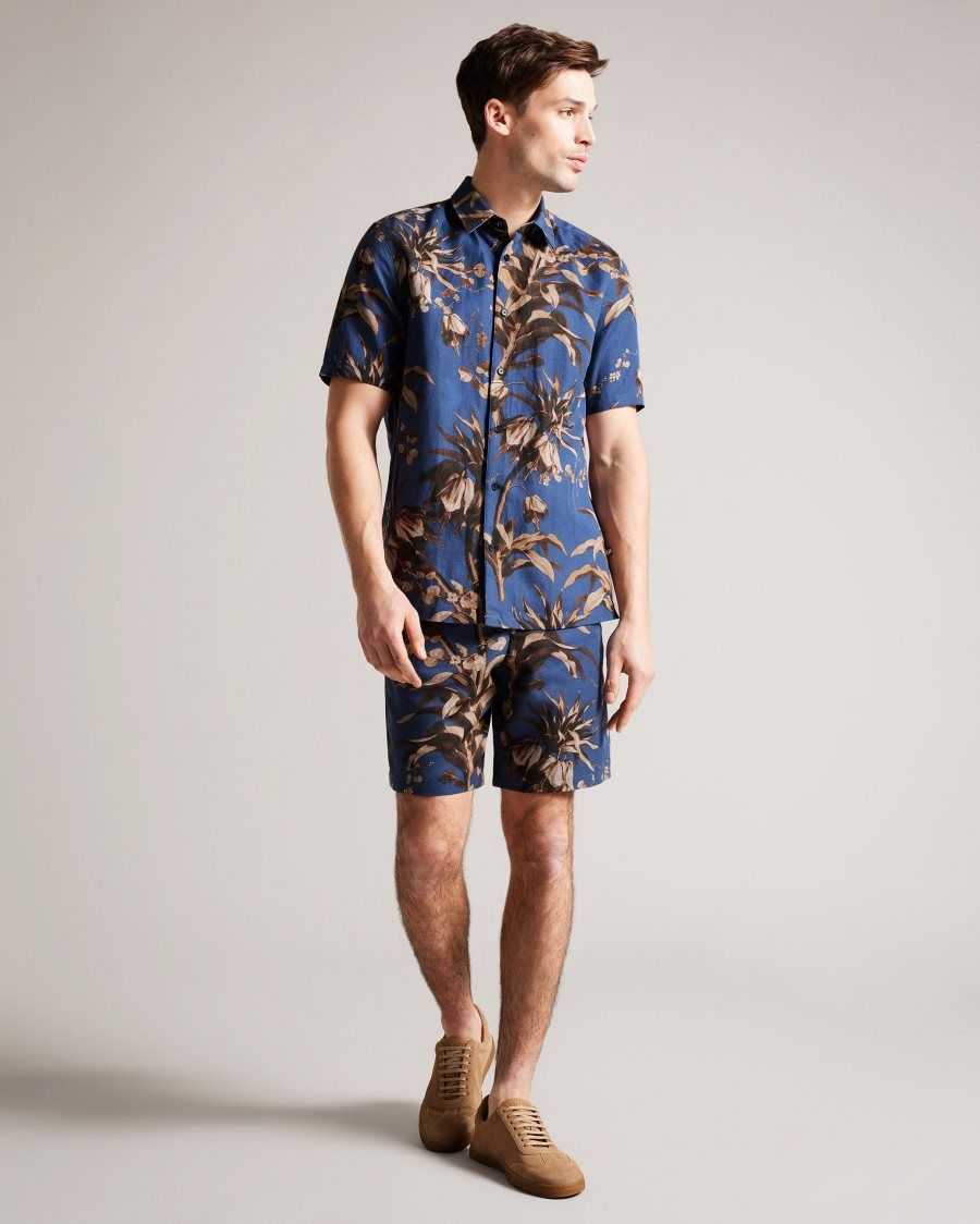 Ted Baker Belmar Short Sleeve Botanical Print Shirt Navy | 49827-MWVR