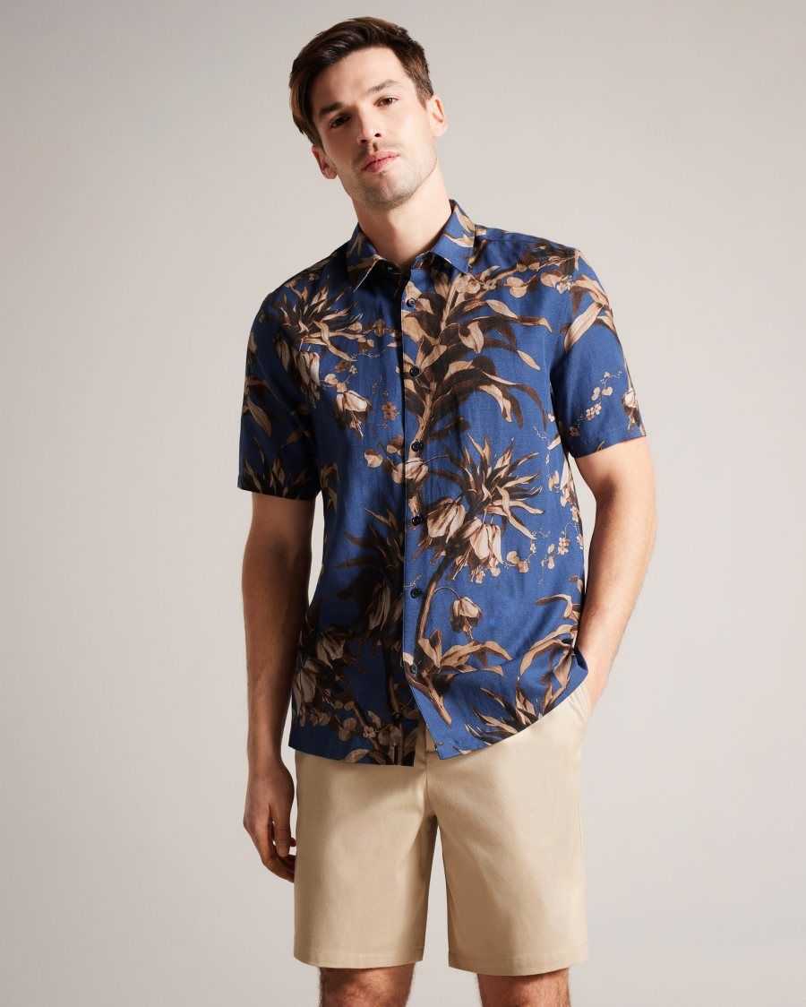 Ted Baker Belmar Short Sleeve Botanical Print Shirt Navy | 49827-MWVR