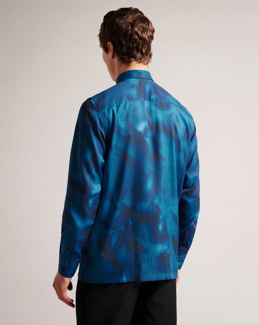 Ted Baker Bentham Long Sleeve Lyocell Abstract Print Shirt Blue | 41067-CZOX