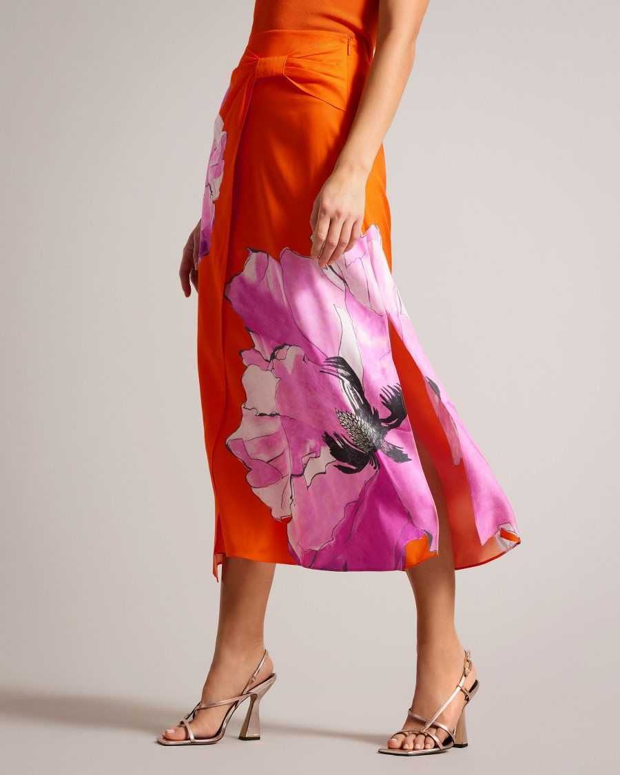 Ted Baker Bethhie Floral Asymmetric Twist Slip Skirt Bright Orange | 96207-OCBS