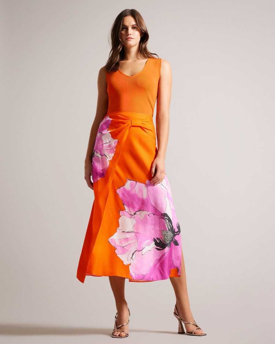 Ted Baker Bethhie Floral Asymmetric Twist Slip Skirt Bright Orange | 96207-OCBS