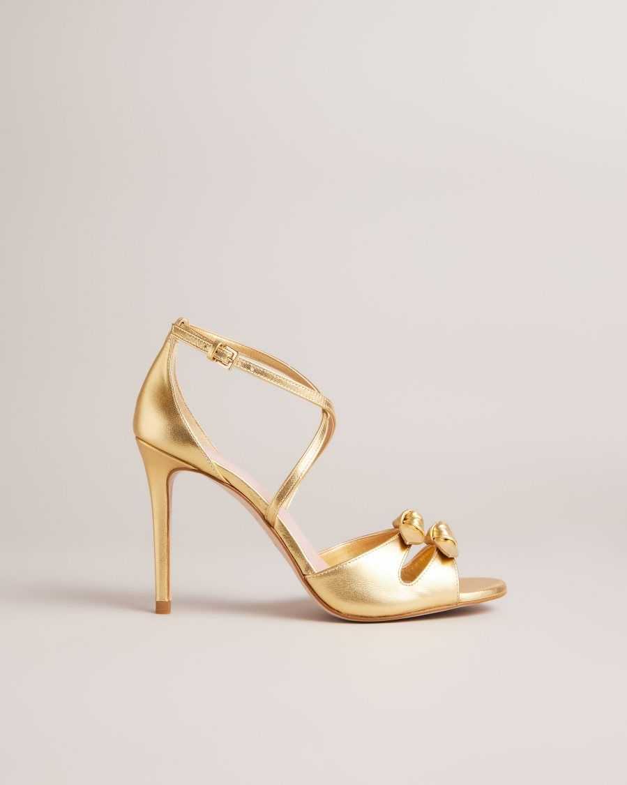 Ted Baker Bicci Leather Bow Heeled Sandals Gold | 29085-WEVC