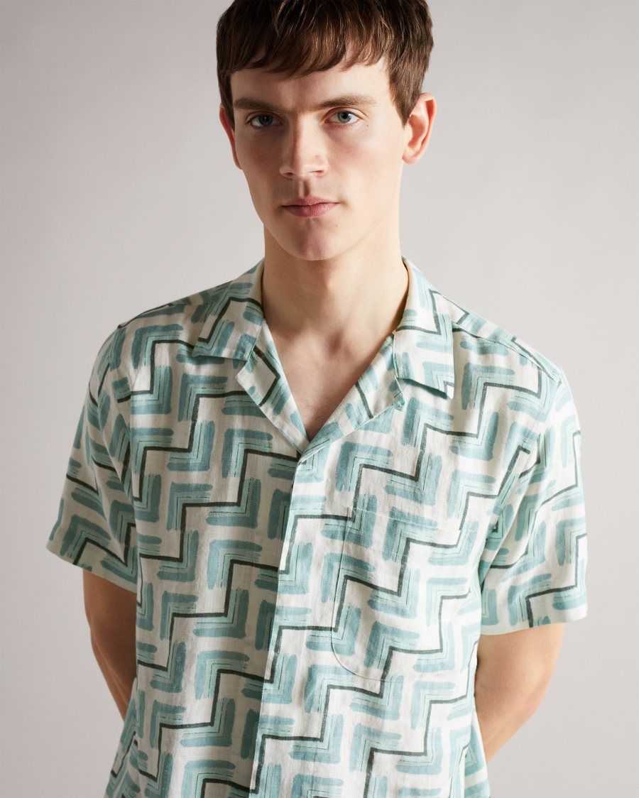 Ted Baker Brecon Short Sleeve Retro Geometric Print Shirt Sky Blue | 01934-BOZQ