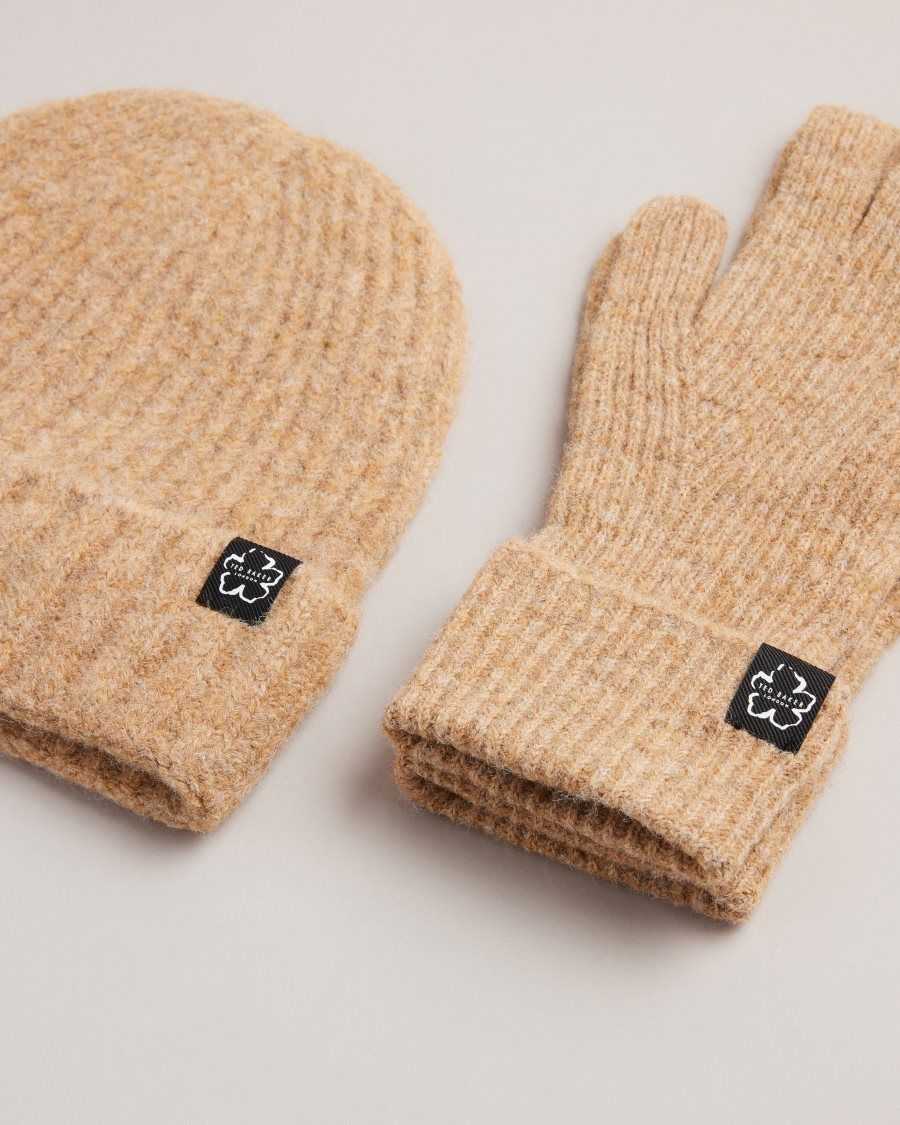 Ted Baker Brite Wool Blend Hat And Gloves Set Brown | 38194-PXKQ