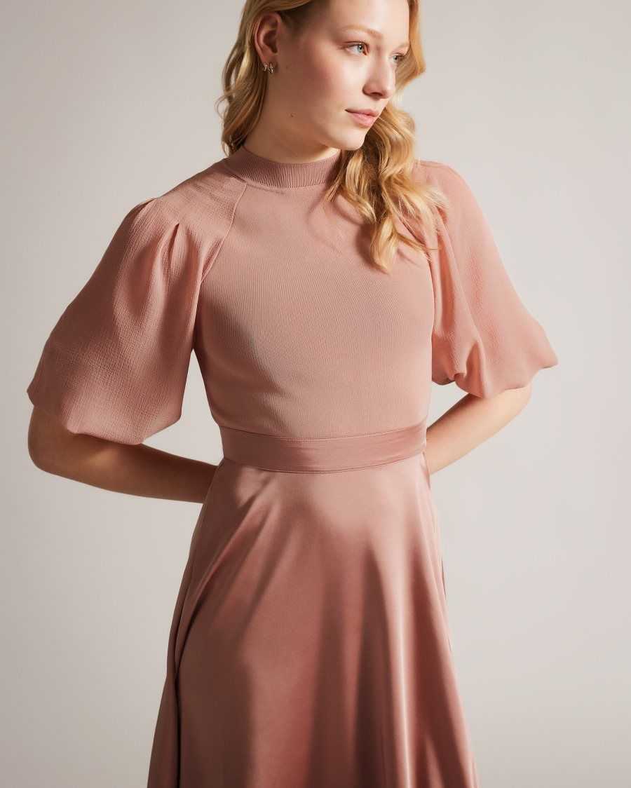 Ted Baker Brontei Puff Sleeve Fitted Bodice Midi Dress Dusky Pink | 49873-BEIW