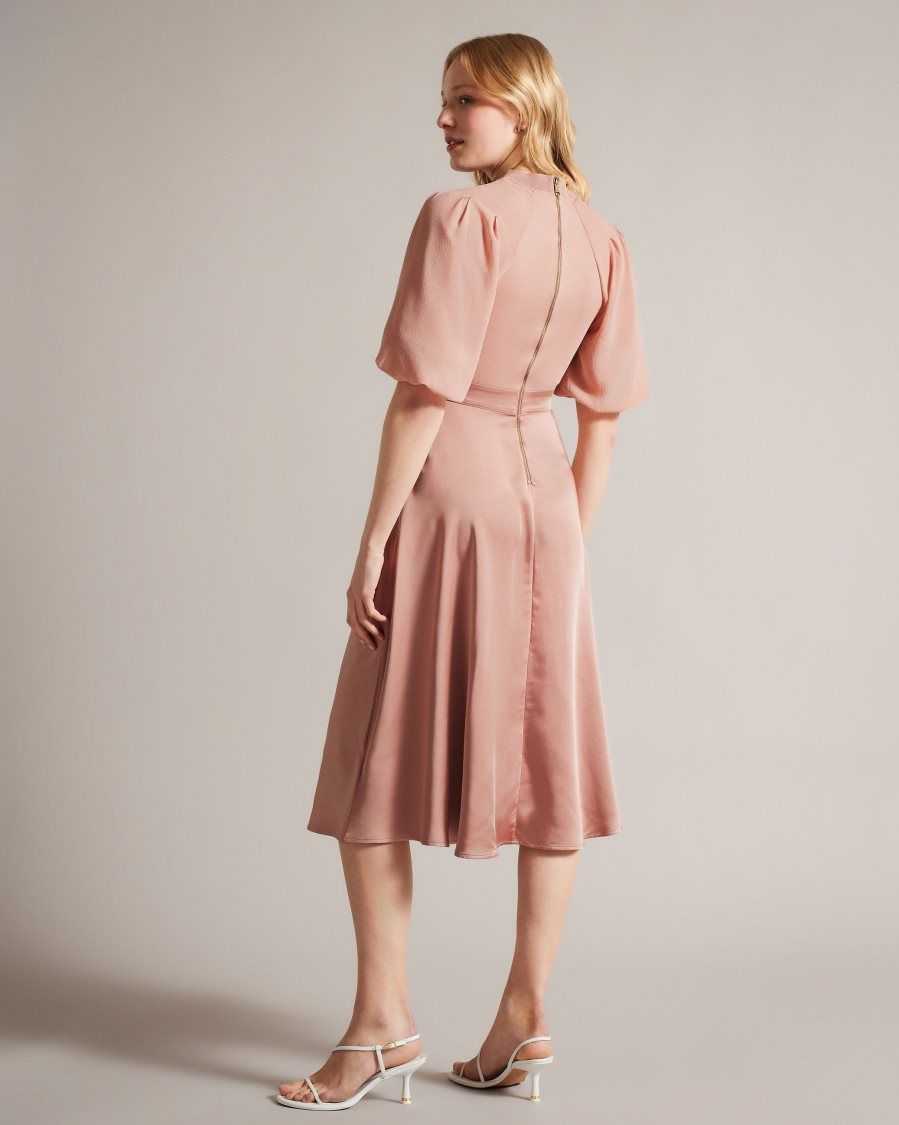 Ted Baker Brontei Puff Sleeve Fitted Bodice Midi Dress Dusky Pink | 49873-BEIW