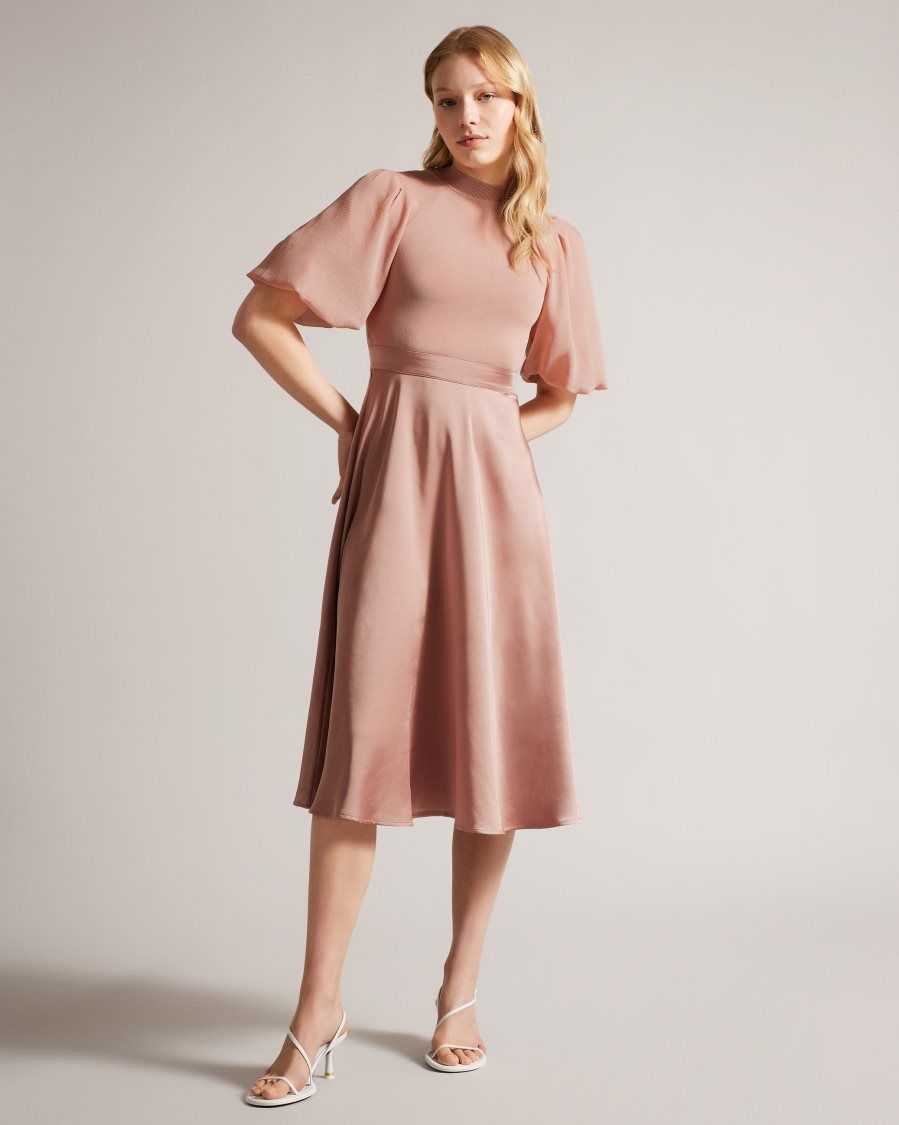 Ted Baker Brontei Puff Sleeve Fitted Bodice Midi Dress Dusky Pink | 49873-BEIW