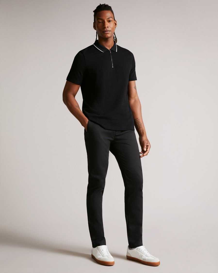 Ted Baker Buer Short Sleeve Textured Zip Polo Shirt Black | 01627-VPBN