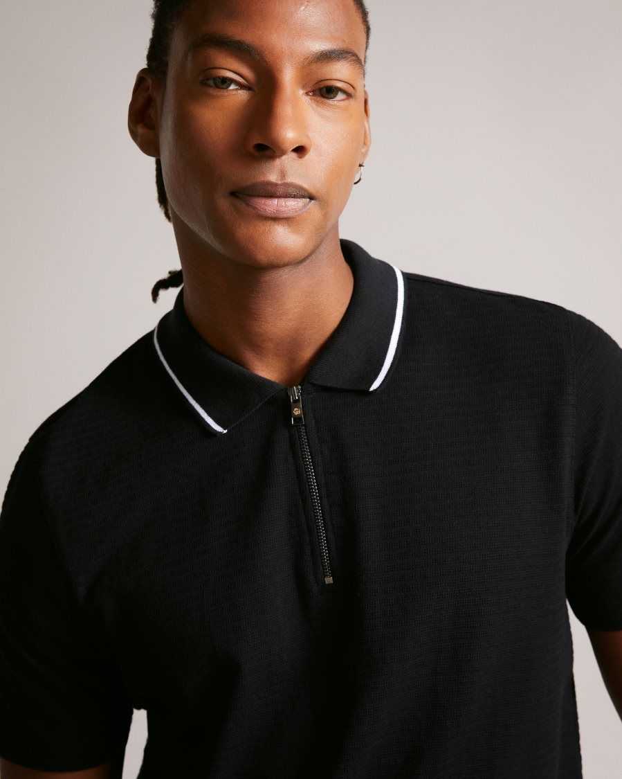 Ted Baker Buer Short Sleeve Textured Zip Polo Shirt Black | 01627-VPBN