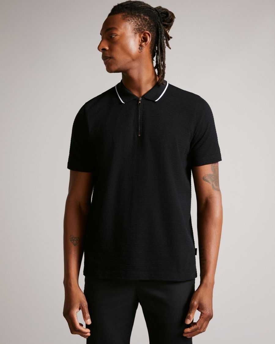 Ted Baker Buer Short Sleeve Textured Zip Polo Shirt Black | 01627-VPBN