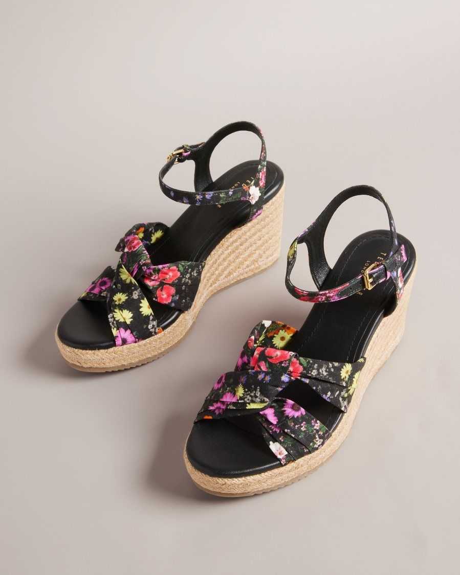 Ted Baker Cardima Floral Soft Knot Wedges Black | 79143-VQFT