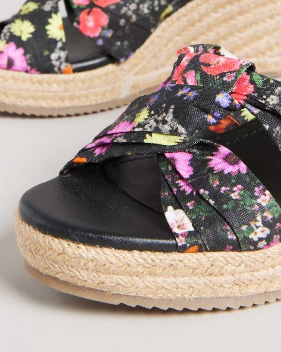 Ted Baker Cardima Floral Soft Knot Wedges Black | 79143-VQFT