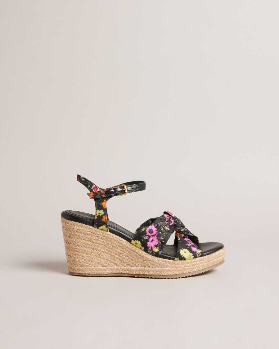 Ted Baker Cardima Floral Soft Knot Wedges Black | 79143-VQFT