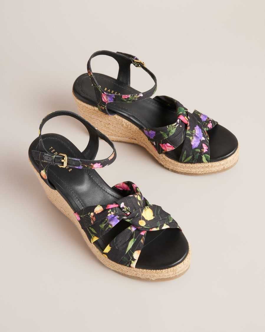 Ted Baker Cardone Floral Espadrille Platform Sandals Black | 42871-WGZV