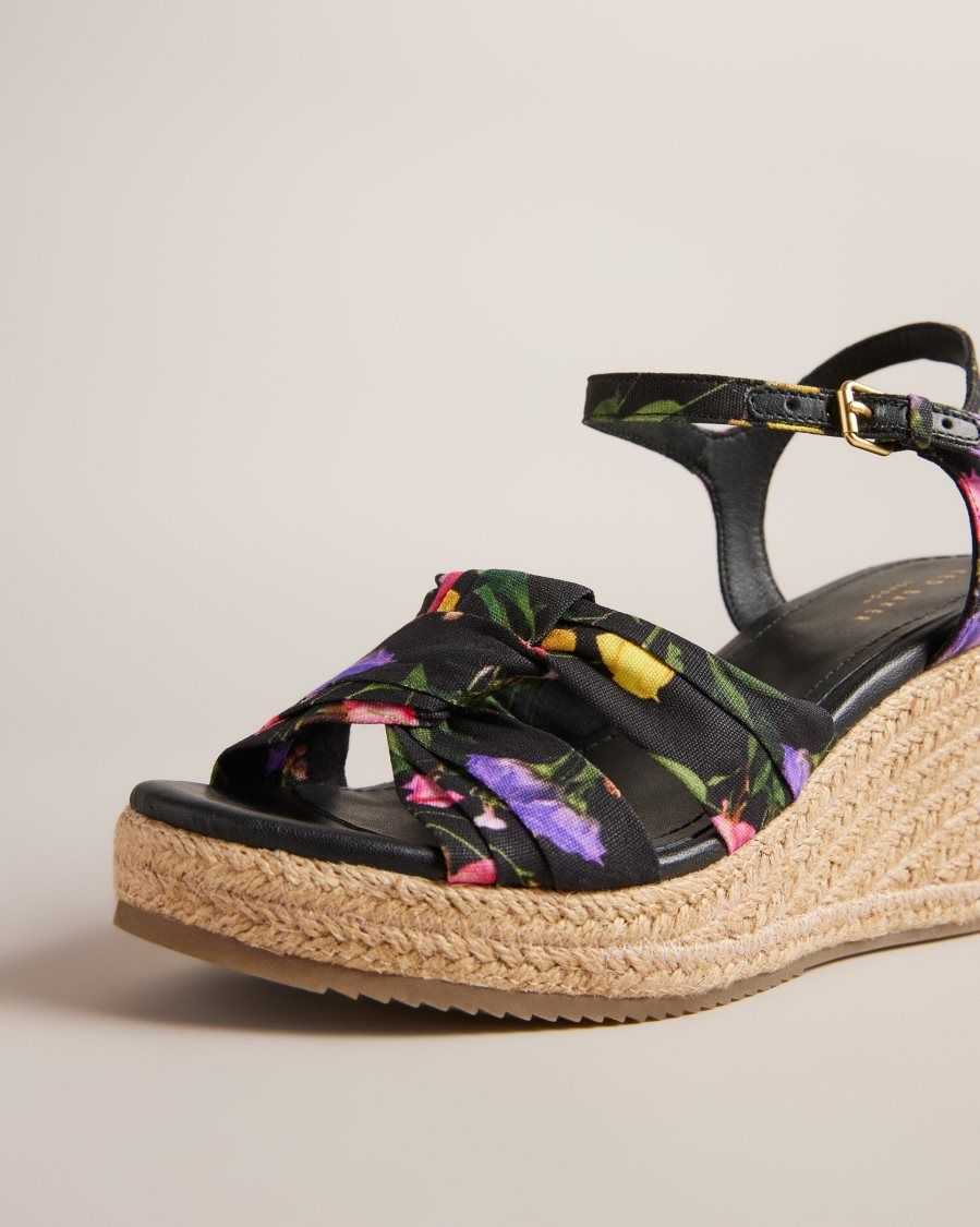 Ted Baker Cardone Floral Espadrille Platform Sandals Black | 42871-WGZV