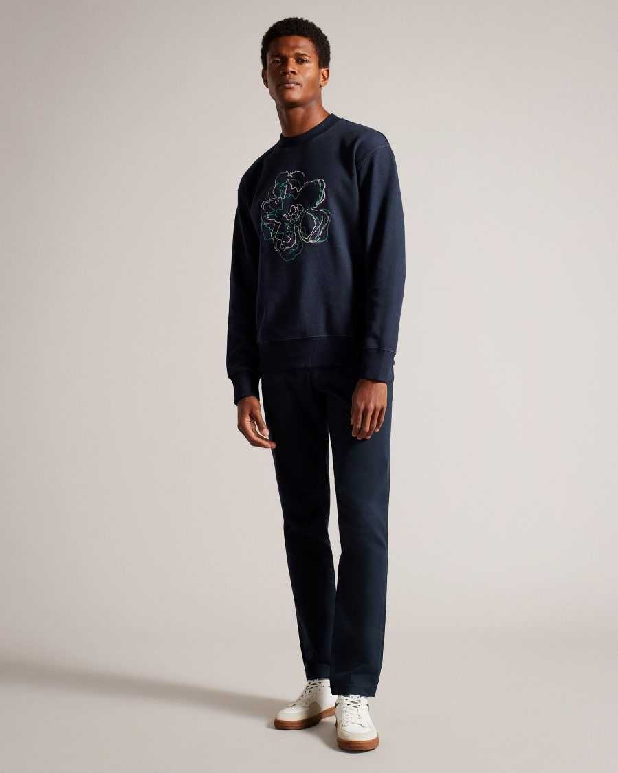 Ted Baker Carick Long Sleeve Embroidered Flower Sweatshirt Navy | 93648-SLNA