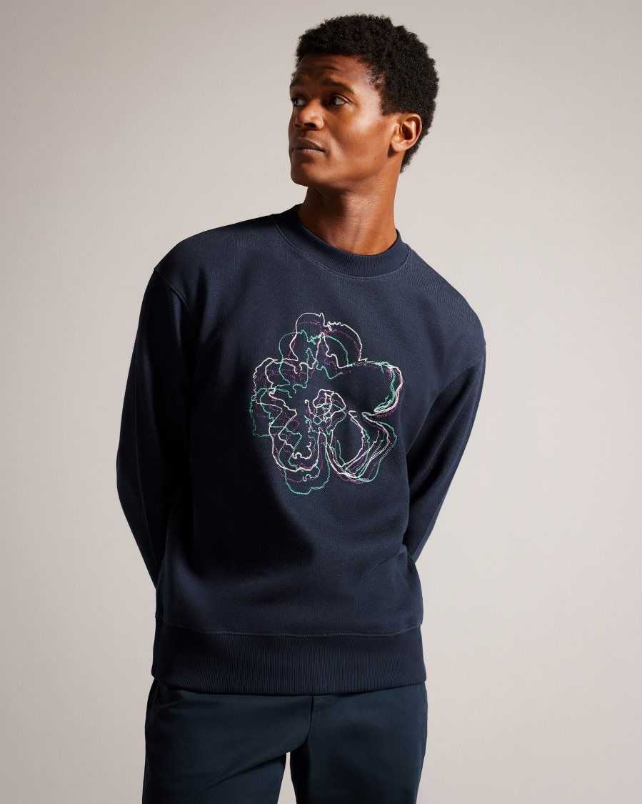 Ted Baker Carick Long Sleeve Embroidered Flower Sweatshirt Navy | 93648-SLNA