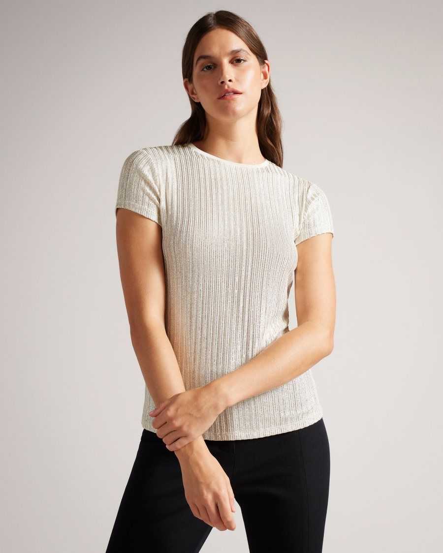 Ted Baker Catrino Metallic Fitted T Shirt Ivory | 89563-ACWF