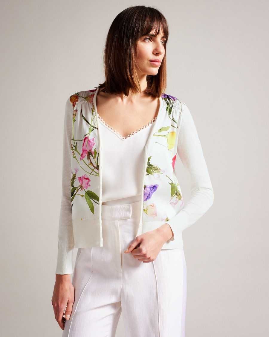 Ted Baker Chantri Woven Front Printed Cardigan White | 72410-VIHM